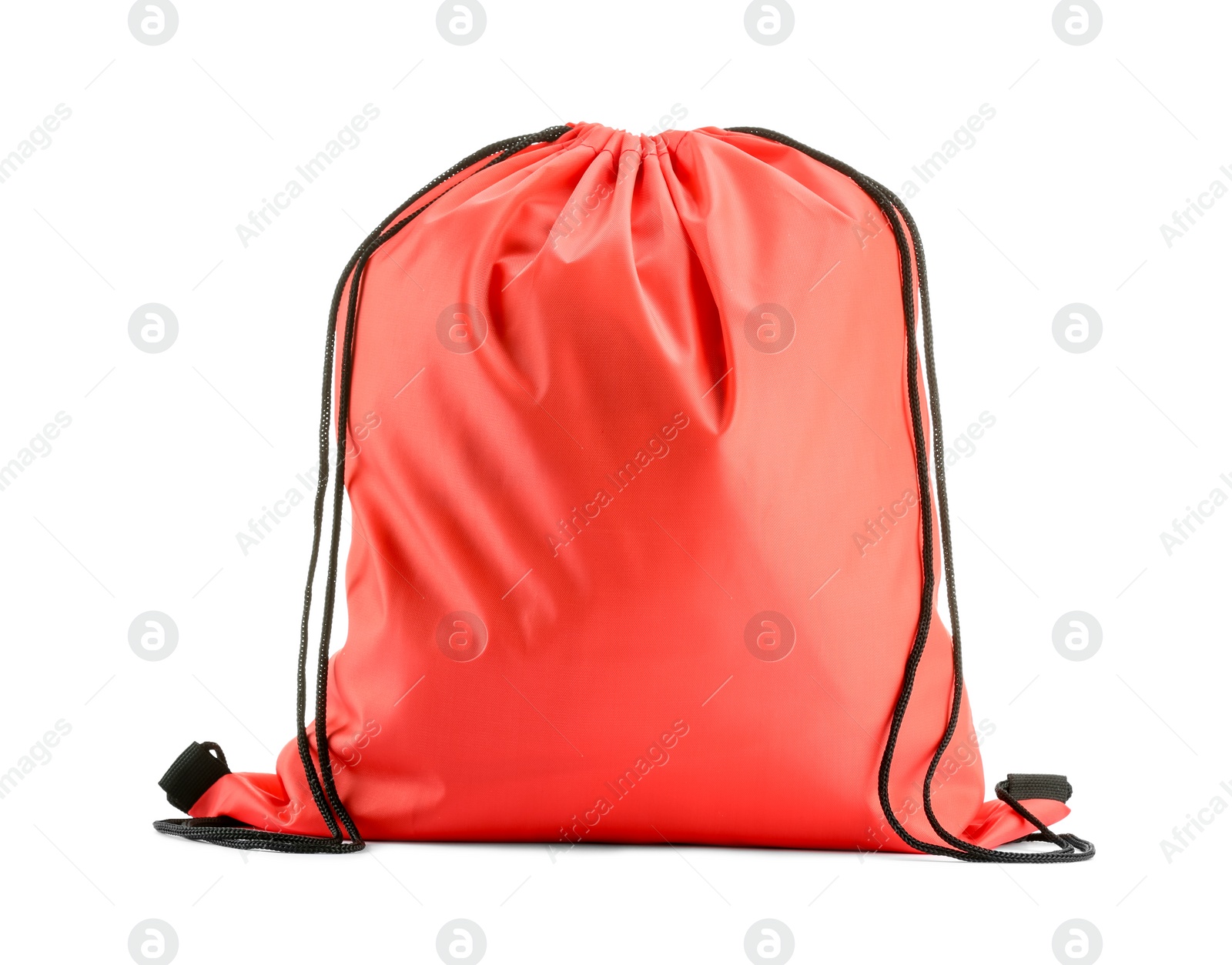 Photo of One red drawstring bag isolated on white