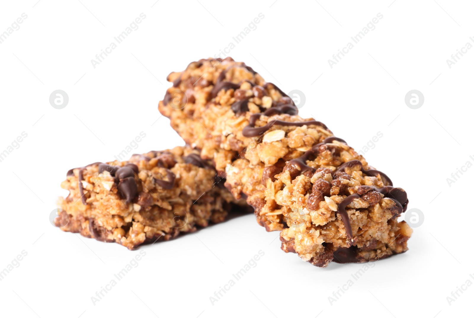 Image of Crunchy granola bars with chocolate on white background