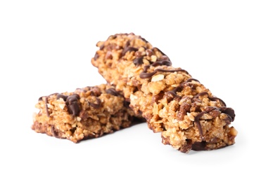 Crunchy granola bars with chocolate on white background