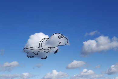 Image of Imagination and creativity. Fluffy cloud in shape of turtle with drawn outline in blue sky