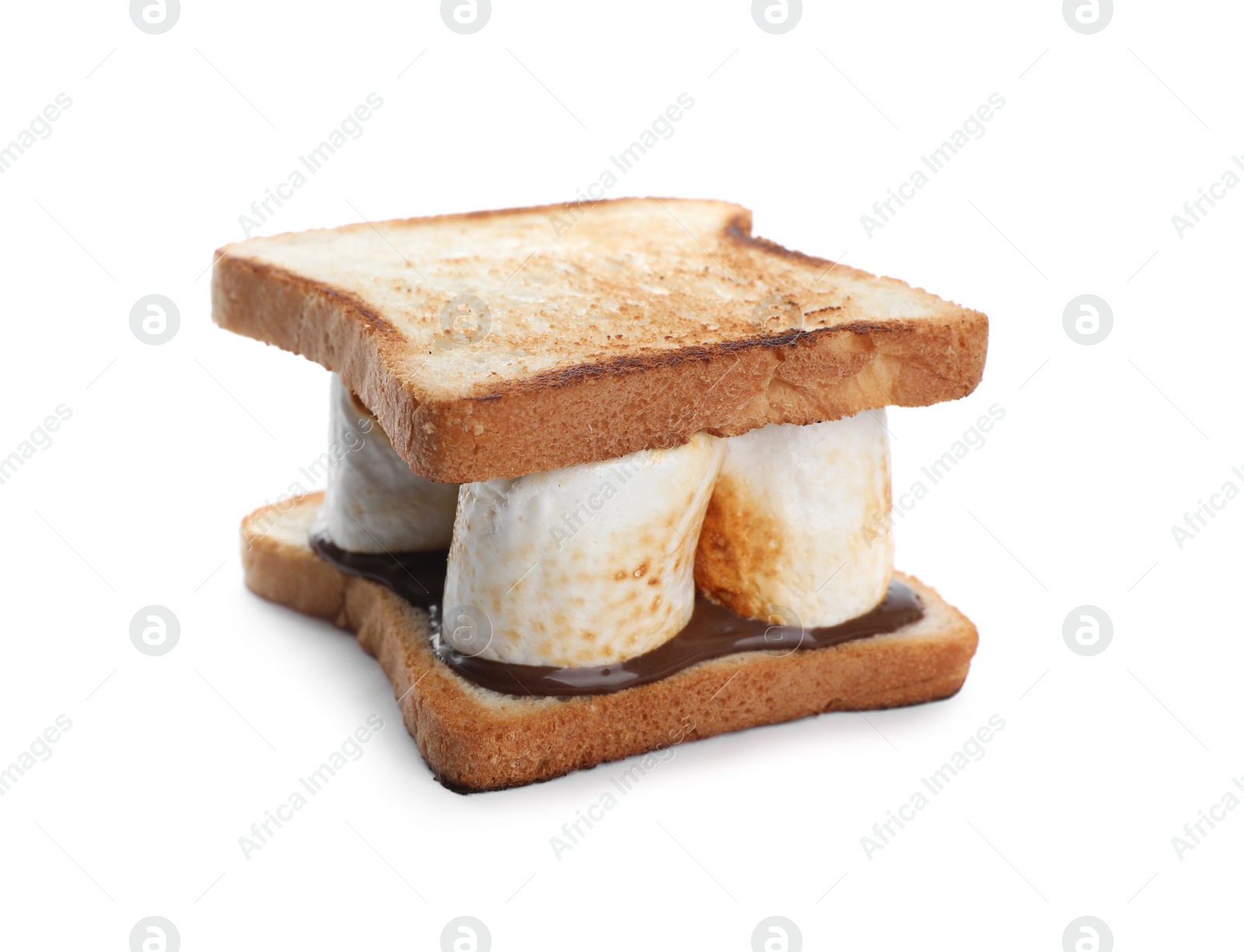 Photo of Delicious marshmallow sandwich with bread and chocolate isolated on white
