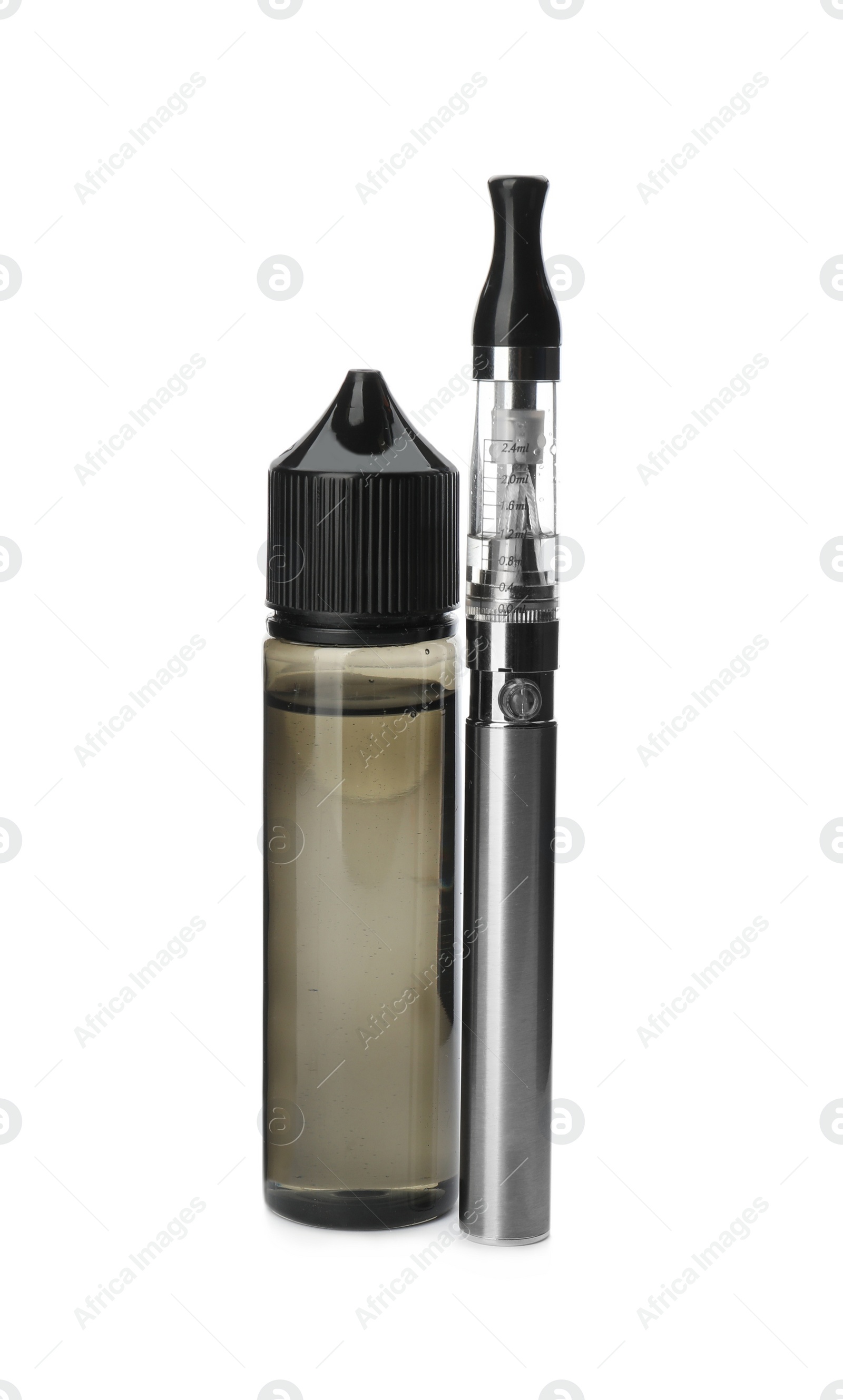 Photo of Electronic smoking device and vaping liquid on white background