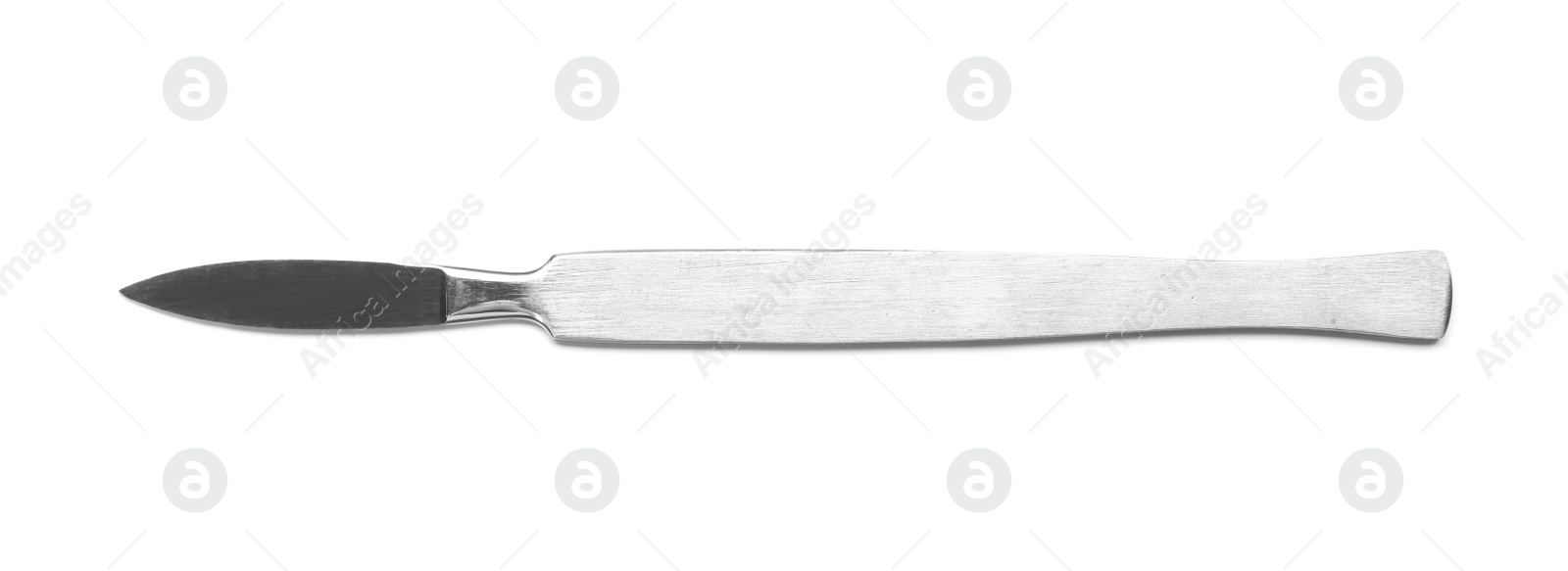 Photo of Surgical scalpel on white background, top view. Medical tool