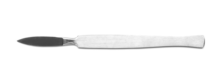 Photo of Surgical scalpel on white background, top view. Medical tool