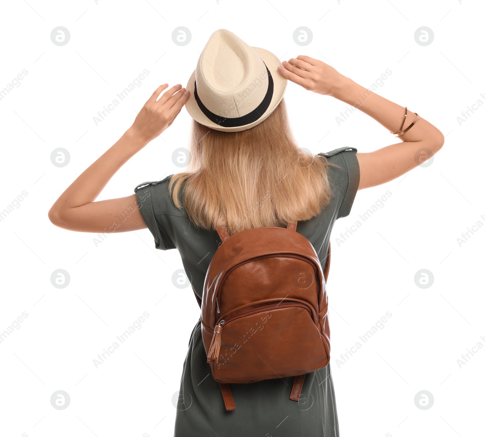 Photo of Woman with backpack on white background, back view. Summer travel