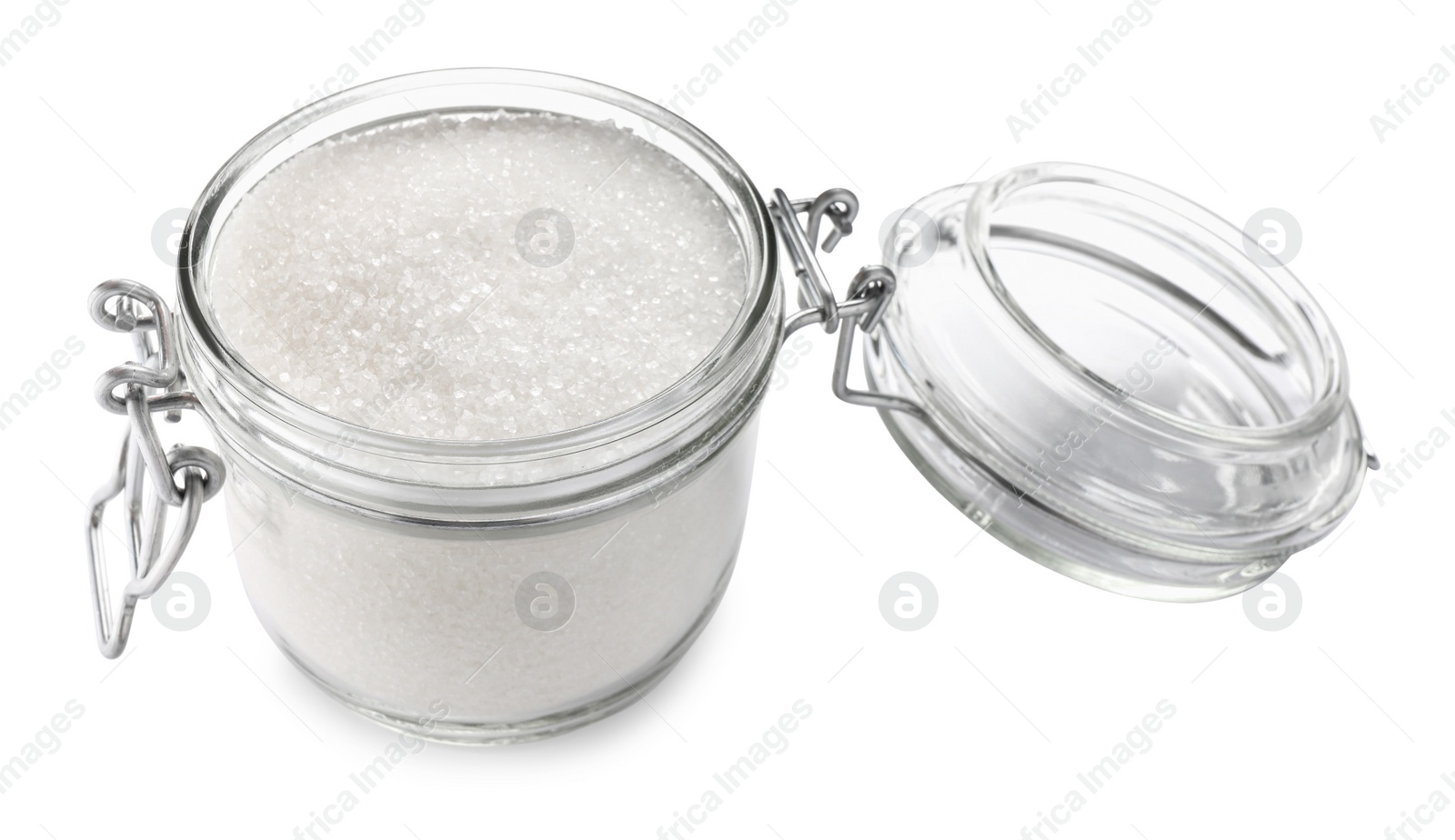 Photo of Granulated sugar in glass jar isolated on white