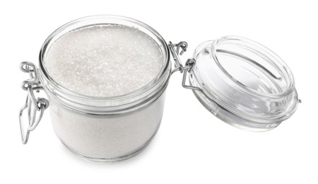 Granulated sugar in glass jar isolated on white