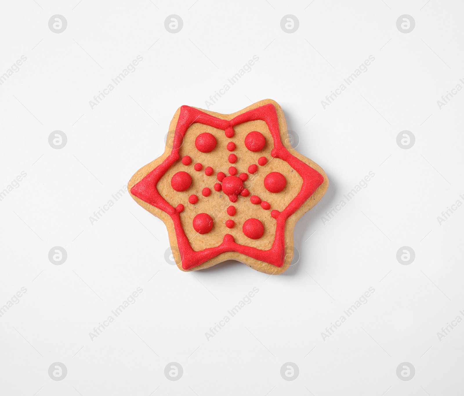 Photo of Tasty homemade Christmas cookie on white background, top view