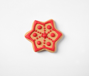 Tasty homemade Christmas cookie on white background, top view