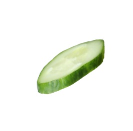 Photo of Slice of ripe cucumber on white background