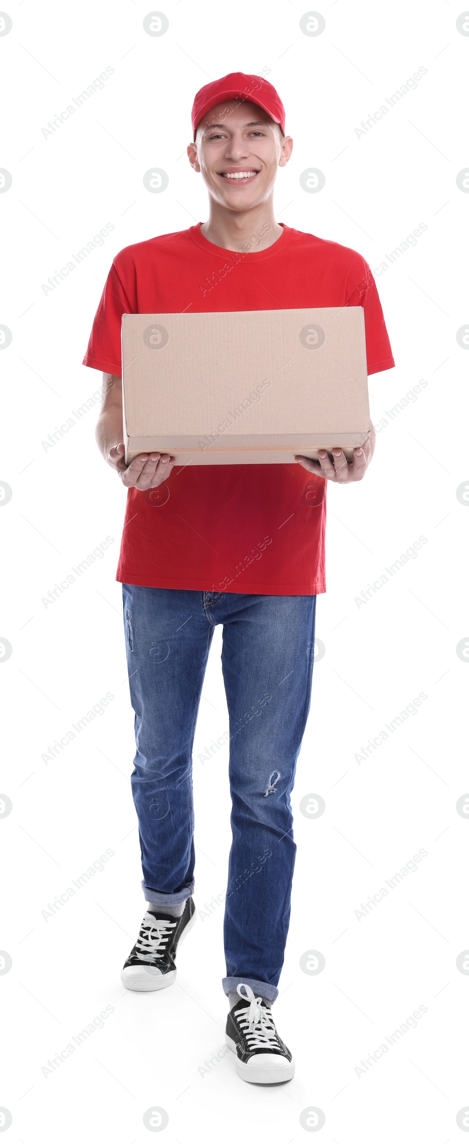 Photo of Happy courier with parcel on white background