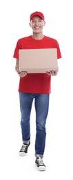 Photo of Happy courier with parcel on white background