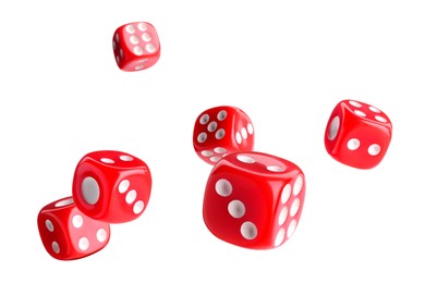 Six red dice in air on white background