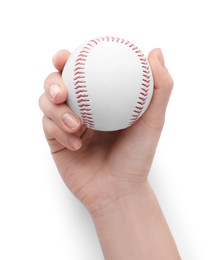 Woman with baseball ball on white background, closeup