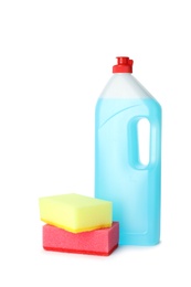 Photo of Cleaning product and sponges for dish washing on white background