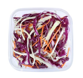 Photo of Fresh cabbage salad with shredded carrot in plastic container isolated on white, top view