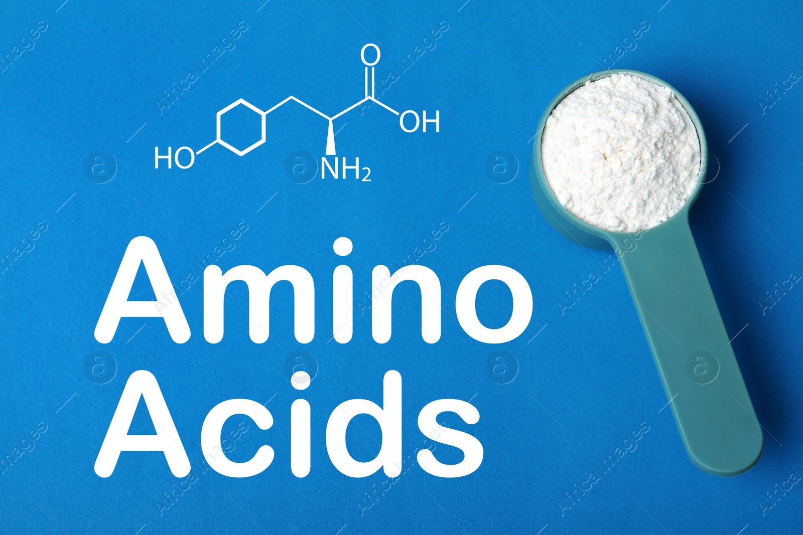 Image of Measuring scoop of amino acids powder on blue background, top view 