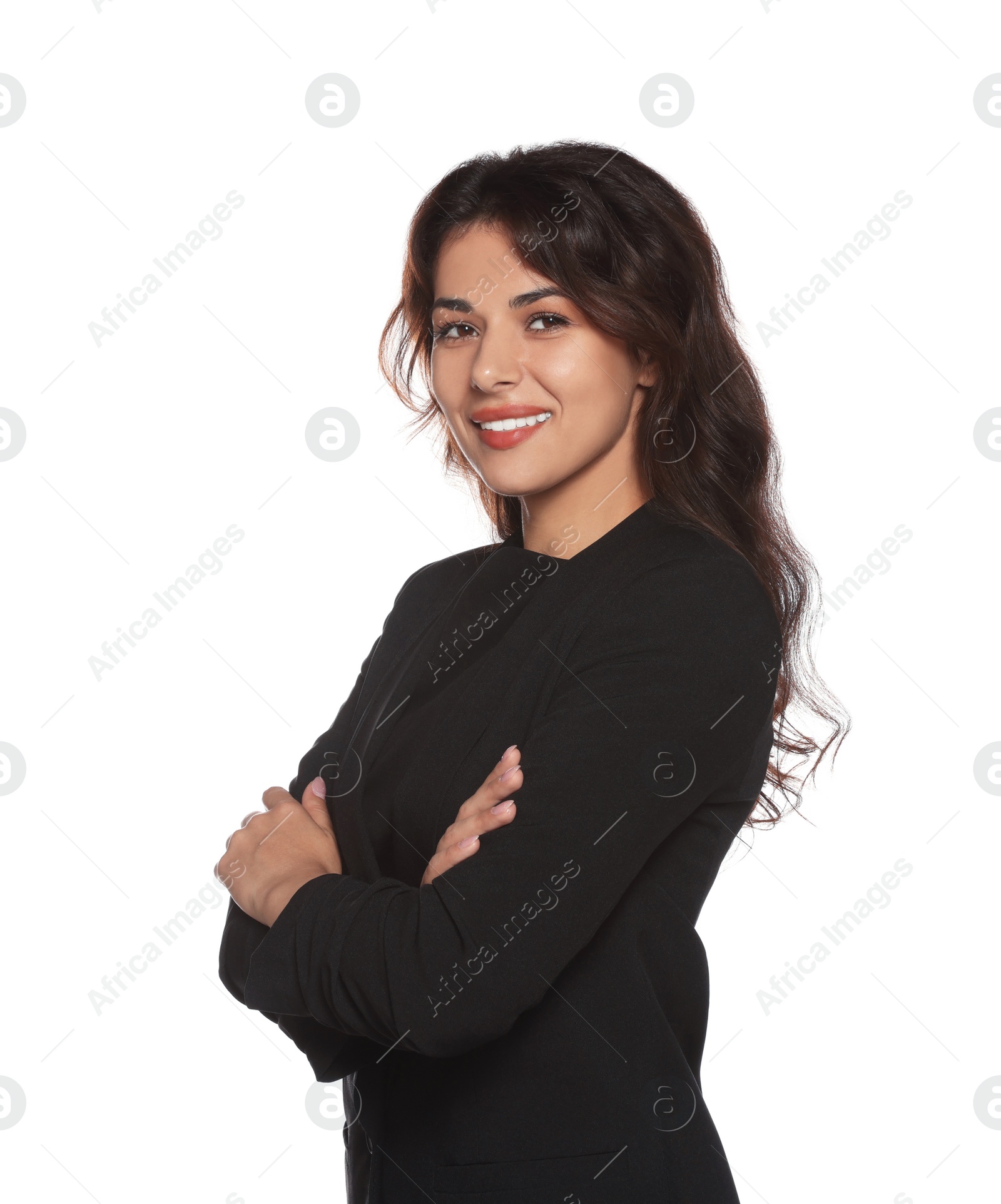 Photo of Portrait of hostess in uniform on white background