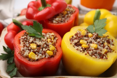 Photo of Quinoa stuffed bell peppers and parsley in baking dish, closeup