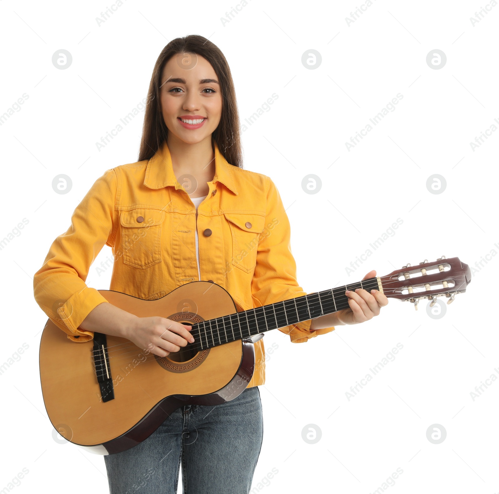 Photo of Music teacher playing guitar on white background