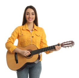 Photo of Music teacher playing guitar on white background