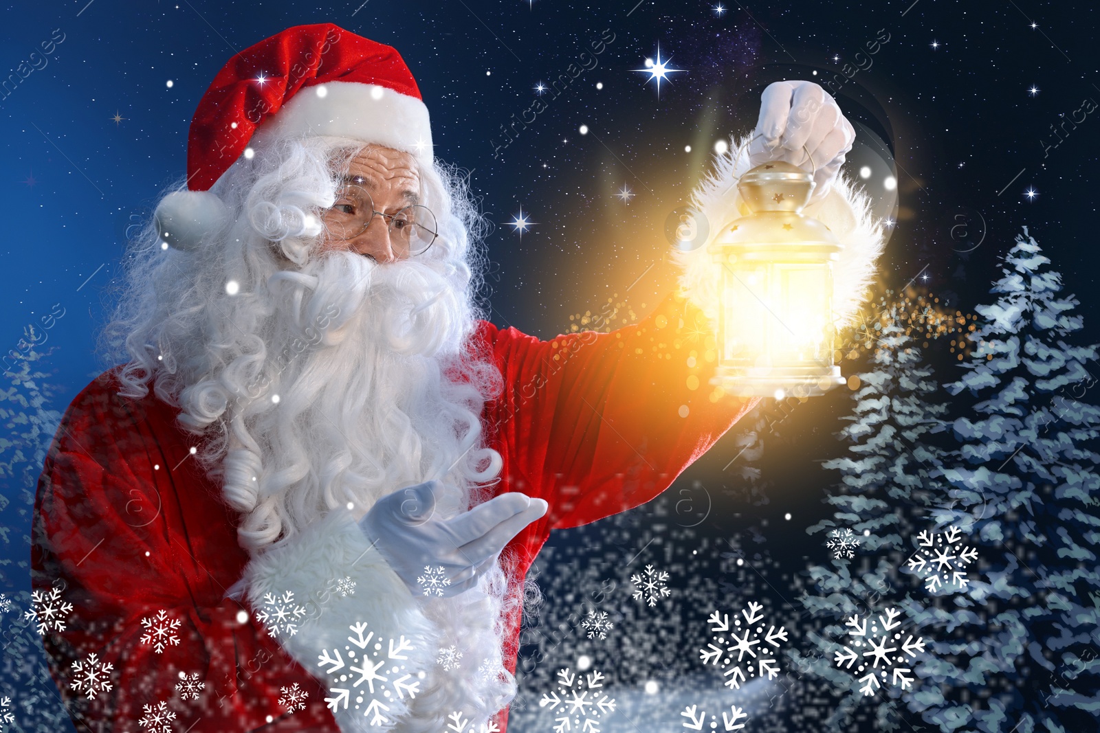 Image of Santa Claus with glowing lantern in winter forest. Christmas magic