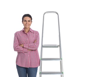 Photo of Young woman near metal ladder on white background