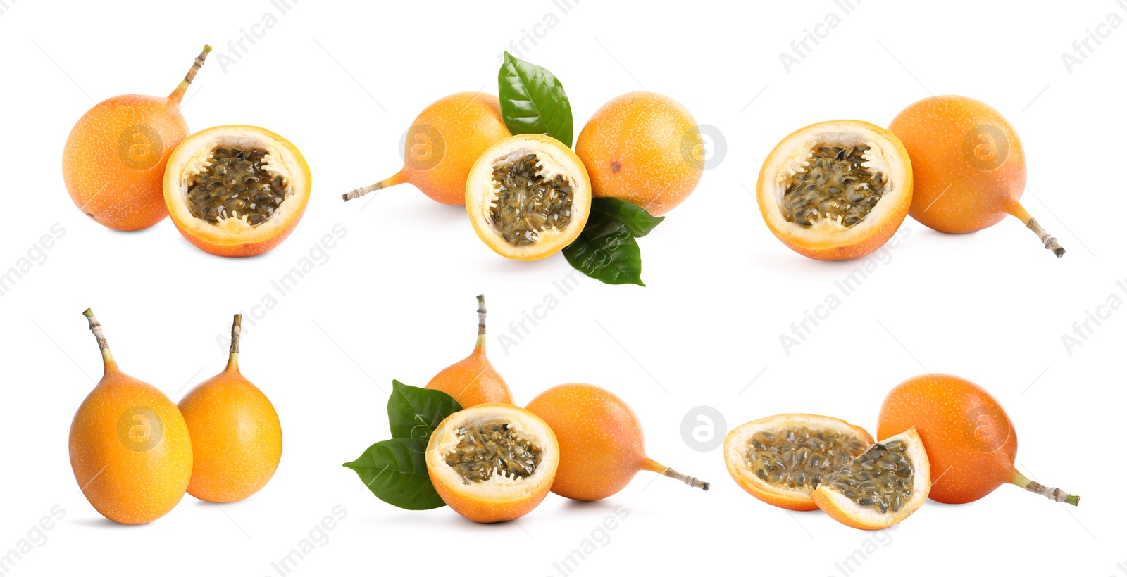 Image of Set with delicious granadillas on white background. Banner design