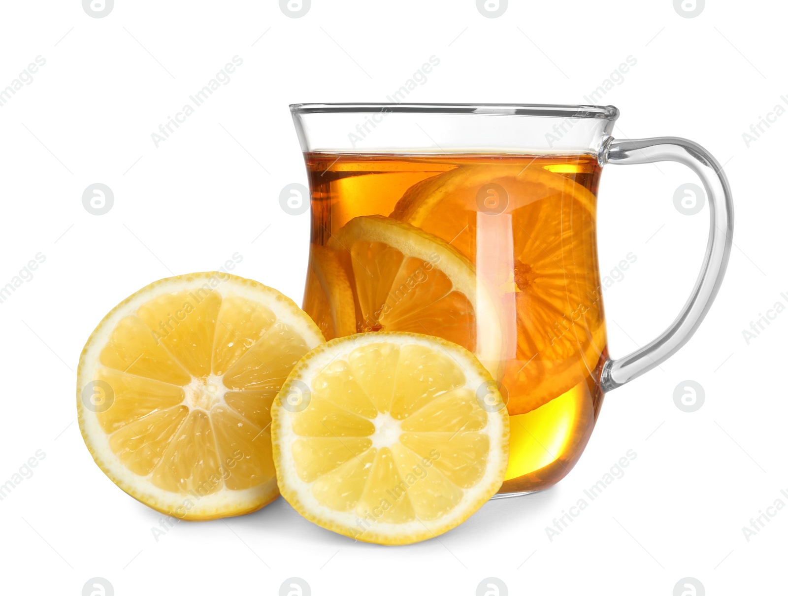 Photo of Cup of tea with lemon on white background