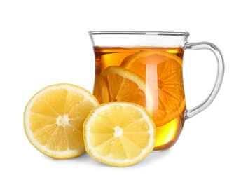 Photo of Cup of tea with lemon on white background