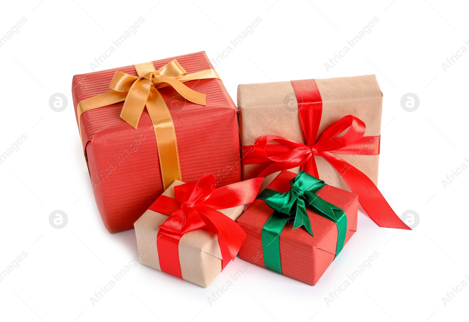 Photo of Beautifully wrapped gift boxes on white background