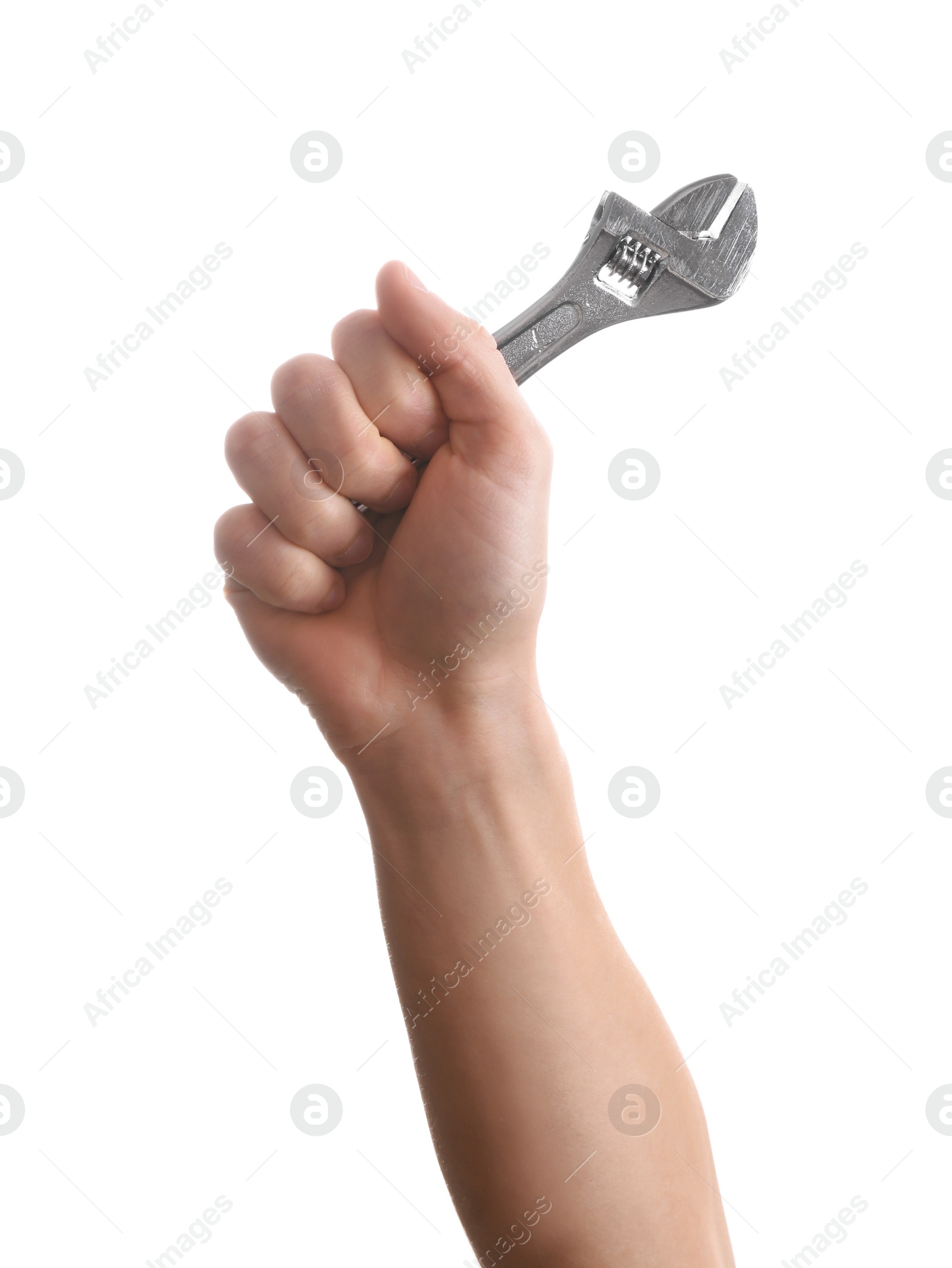 Photo of Man holding adjustable wrench isolated on white. Construction tools