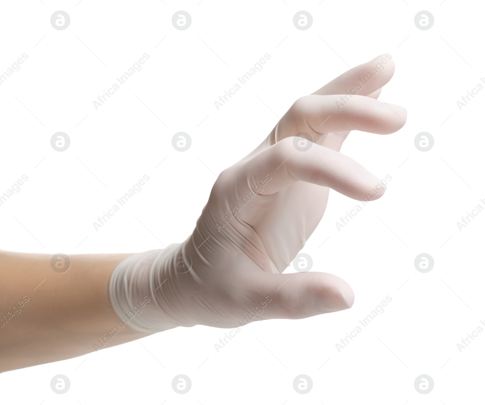 Photo of Woman wearing medical glove on white background, closeup