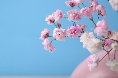 Photo of Beautiful dyed gypsophila flowers on light blue background, closeup. Space for text