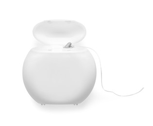 Container with dental floss on white background, top view
