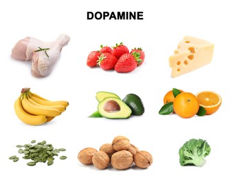 Image of Different foods rich in dopamine that can help you feel happiness. Different tasty products on white background