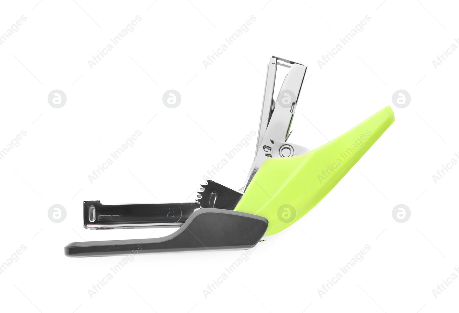 Photo of Bright green stapler isolated on white, top view