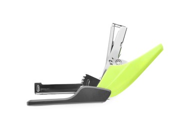 Photo of Bright green stapler isolated on white, top view