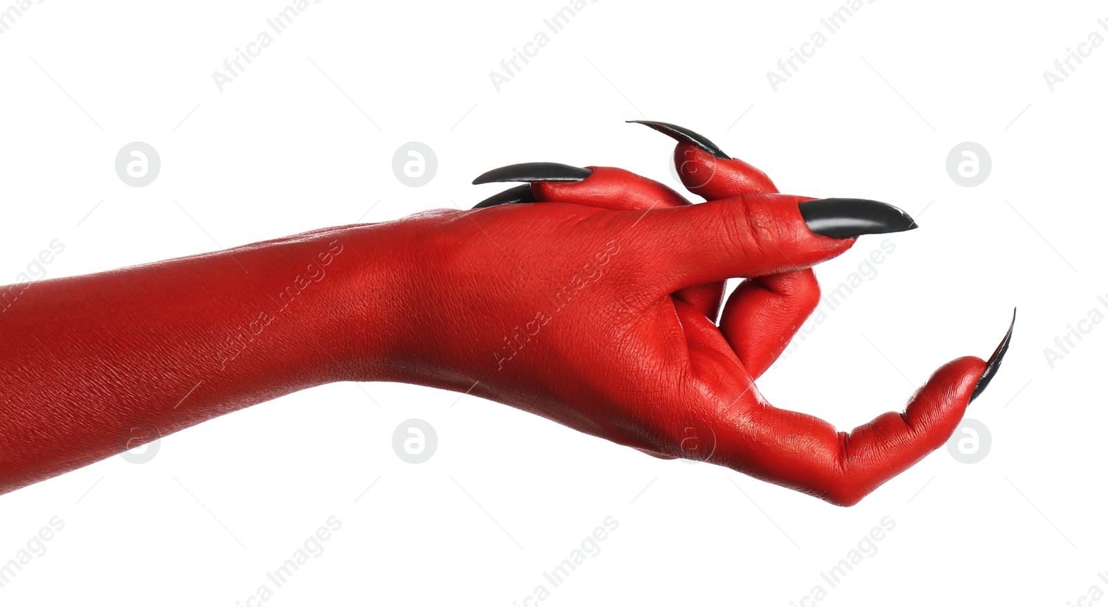 Photo of Scary monster on white background, closeup of hand. Halloween character