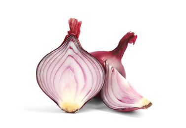 Photo of Ripe red onions on white background