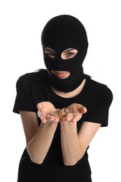 Photo of Woman wearing knitted balaclava with jewellery on white background