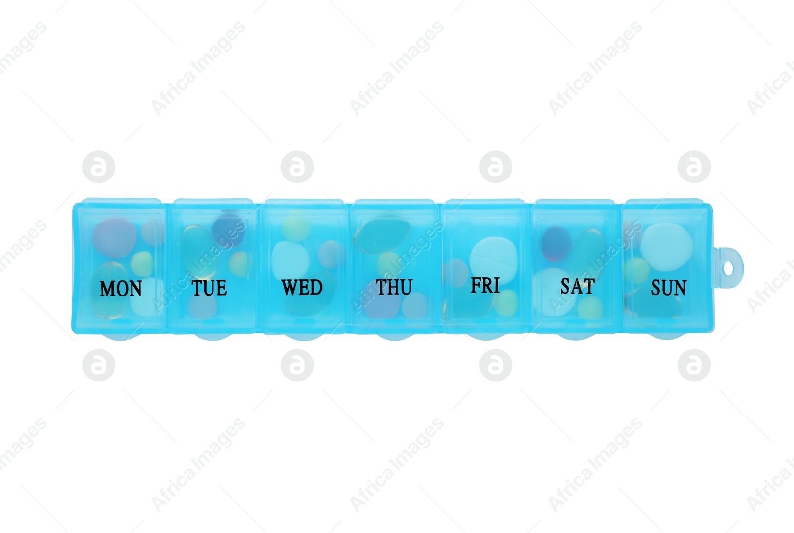 Photo of Plastic box with different pills isolated on white, top view