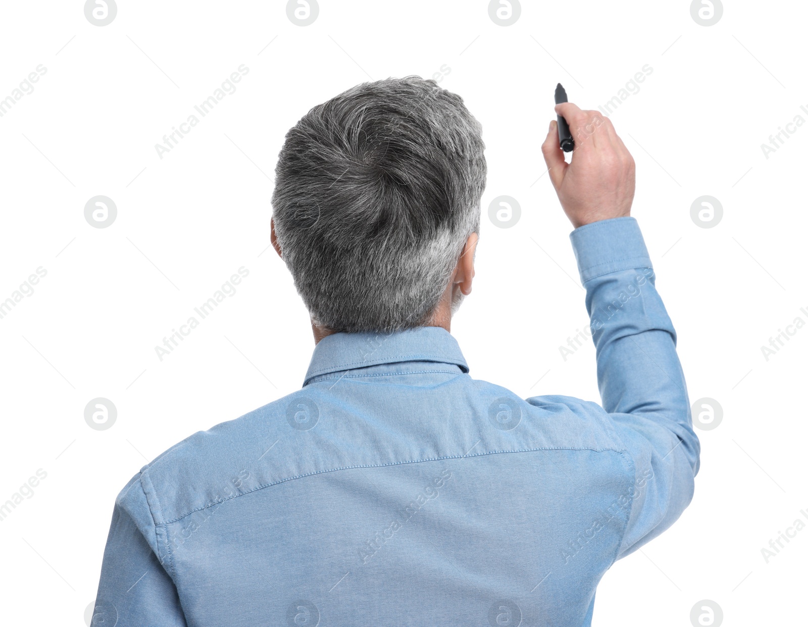 Photo of Mature businessman with marker on white background, back view