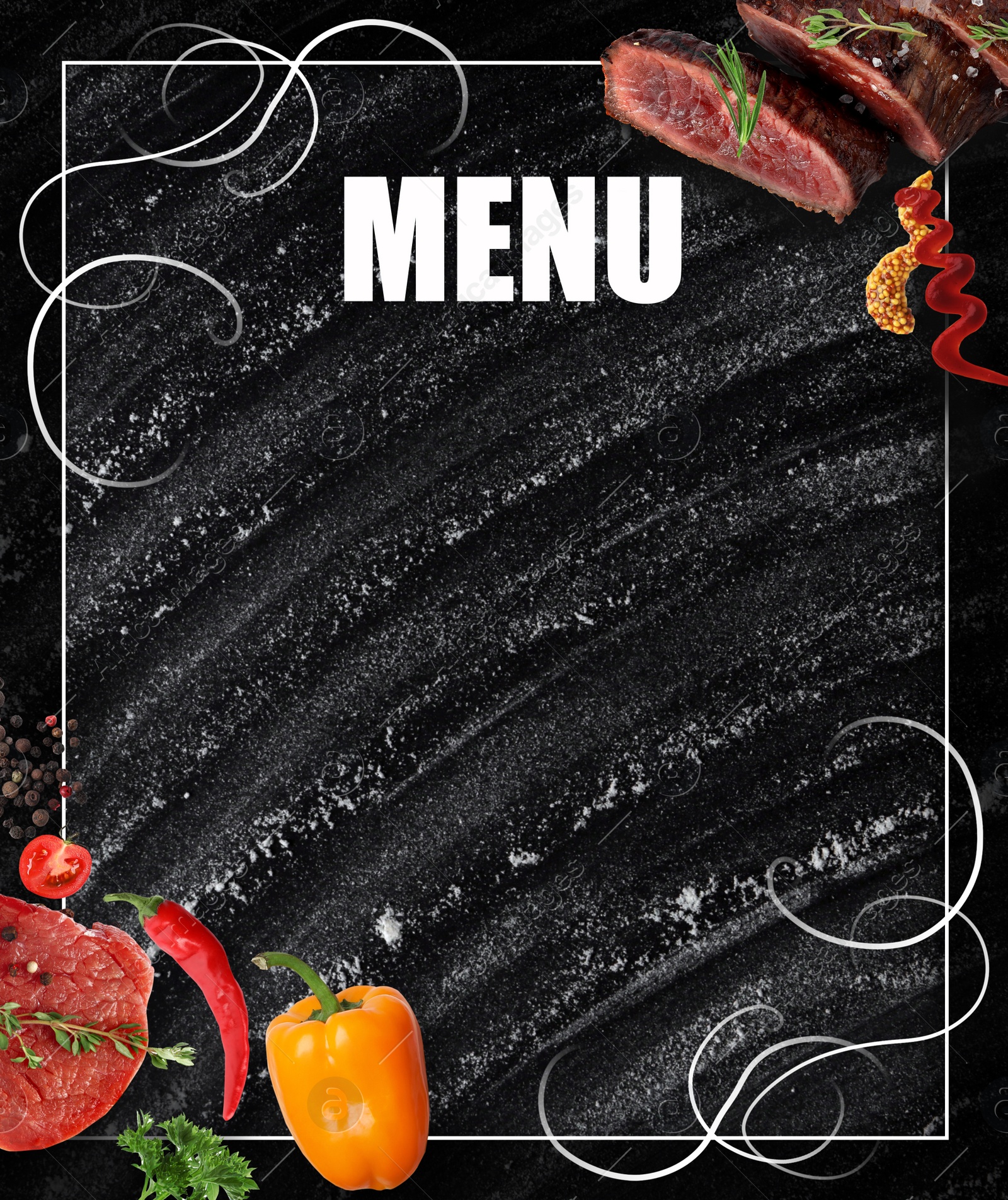 Image of Design of menu with black board, meat and vegetables, space for text