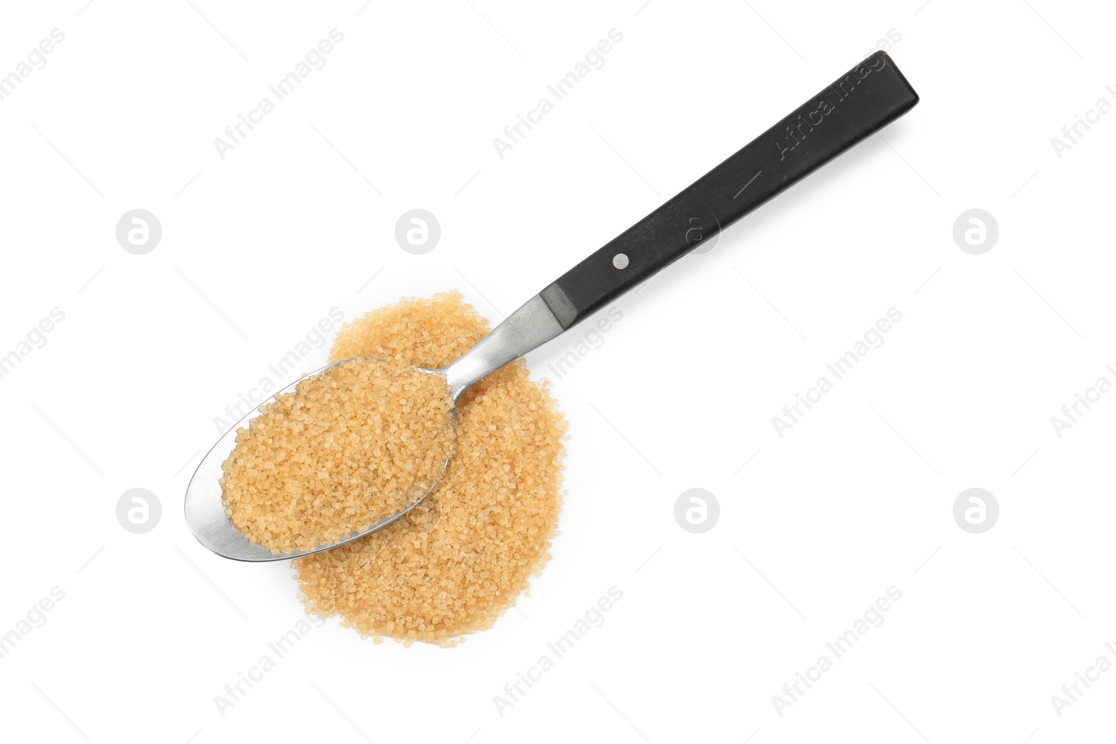 Photo of Pile of brown sugar and spoon isolated on white, top view