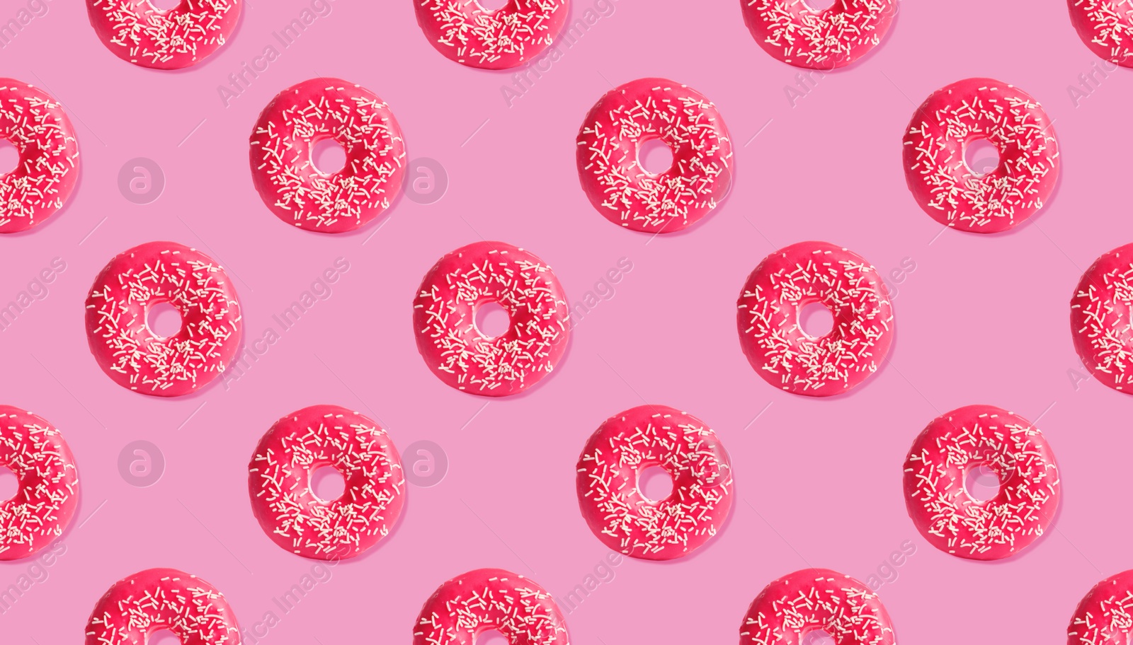 Image of Creative pattern design of glazed donuts on pink background, banner