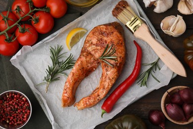 Fresh marinade, fish and other products on wooden table, flat lay