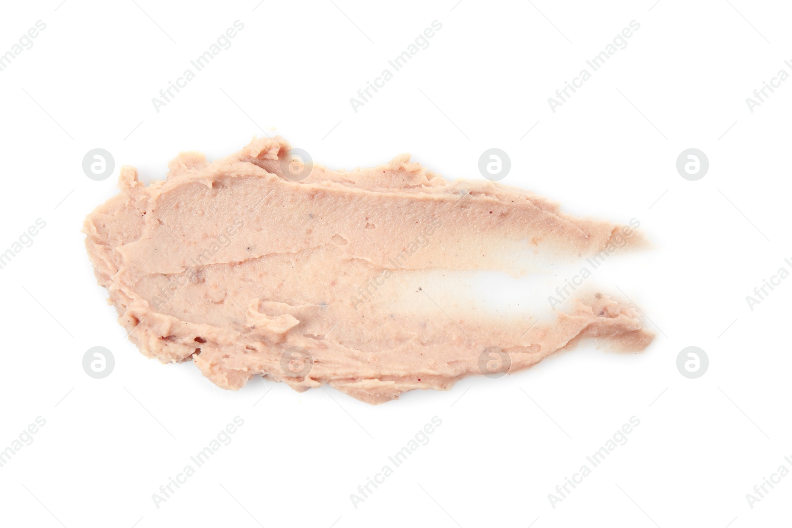 Photo of Smear of delicious liverwurst isolated on white, top view