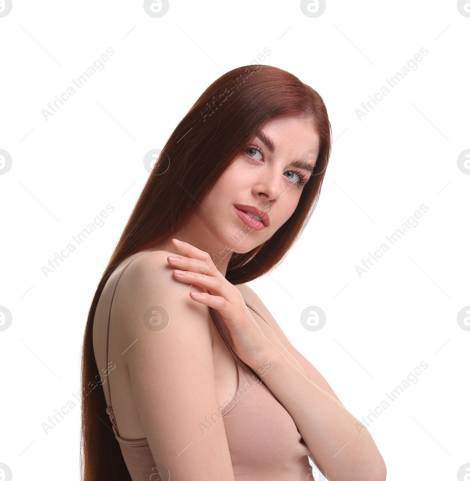 Photo of Portrait of beautiful woman on white background