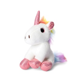 Photo of Cute soft unicorn keychain on white background